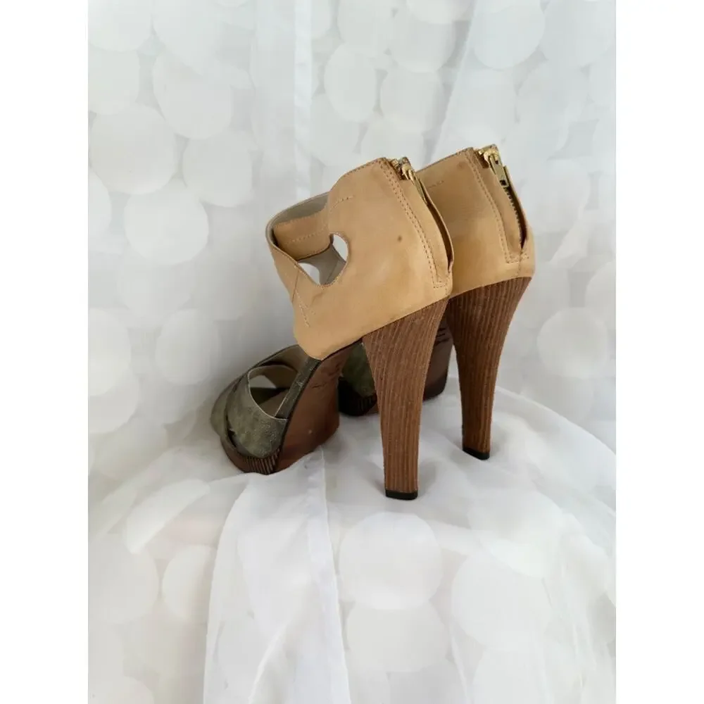 Elizabeth & James 10 Strappy Wood HIGH heels leather Gray Reptile ankle strap